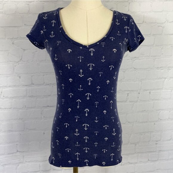 ⭐ 3/$15 Energie Navy Anchor Print V-Neck Short Sleeve Tee S - Picture 1 of 6